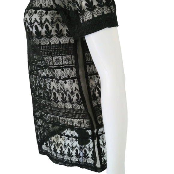 ZARA Black Crochet Lace Tee XS Beaded Neckline Sheer Mesh Nylon Punk Goth - Picture 10 of 14